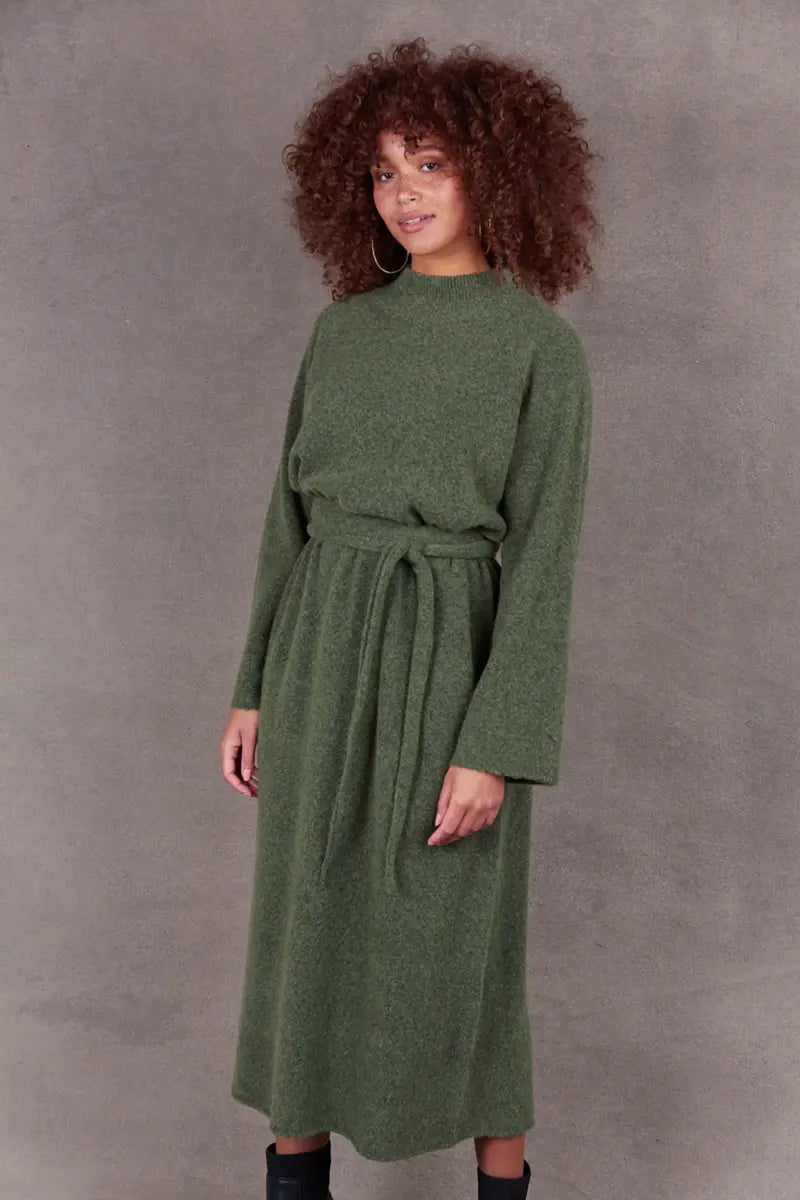 side view with waist tie on the Paarl Tie Knit Dress in Moss by Eb & Ive