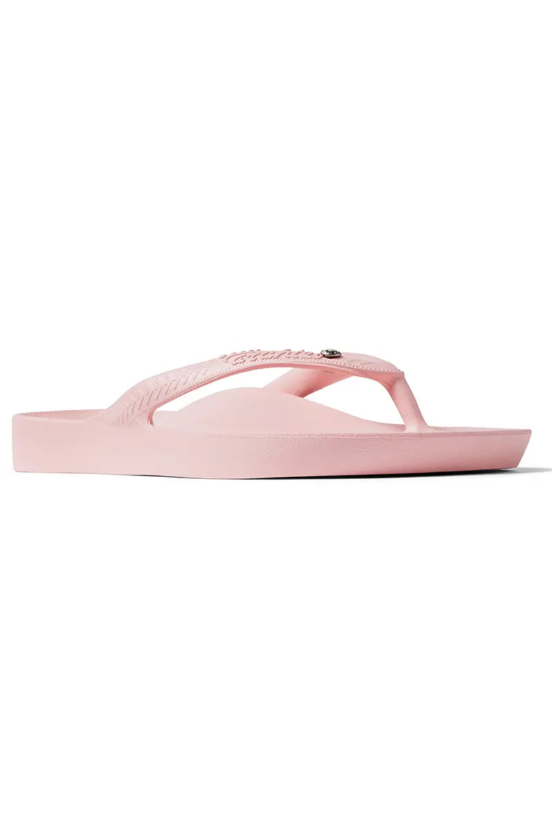 front 3/4 view of the Archies Arch Support Thongs in Crystal Pink