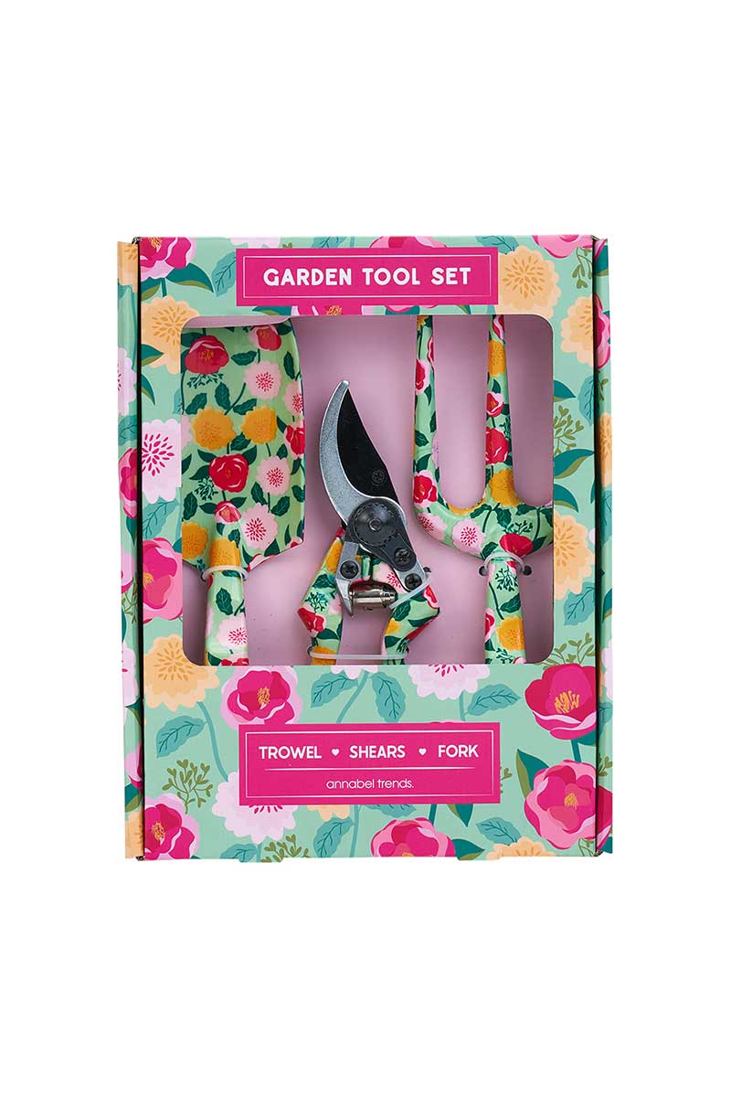 Annabel Trends garden tools set in gift box featuring the camellias mint pattern