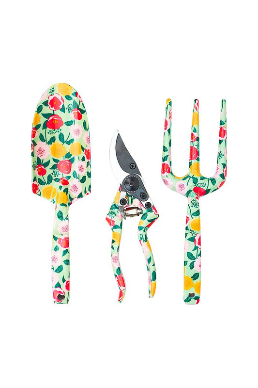 Annabel trends Garden tools set in camellias mint pattern 
