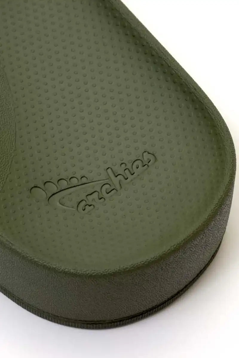 Archies Arch Support Slides in Khaki heal logo detail view