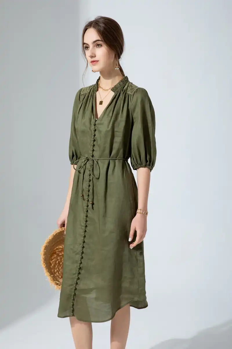 Aria Linen Lace Dress – Khaki front 3/4 view
