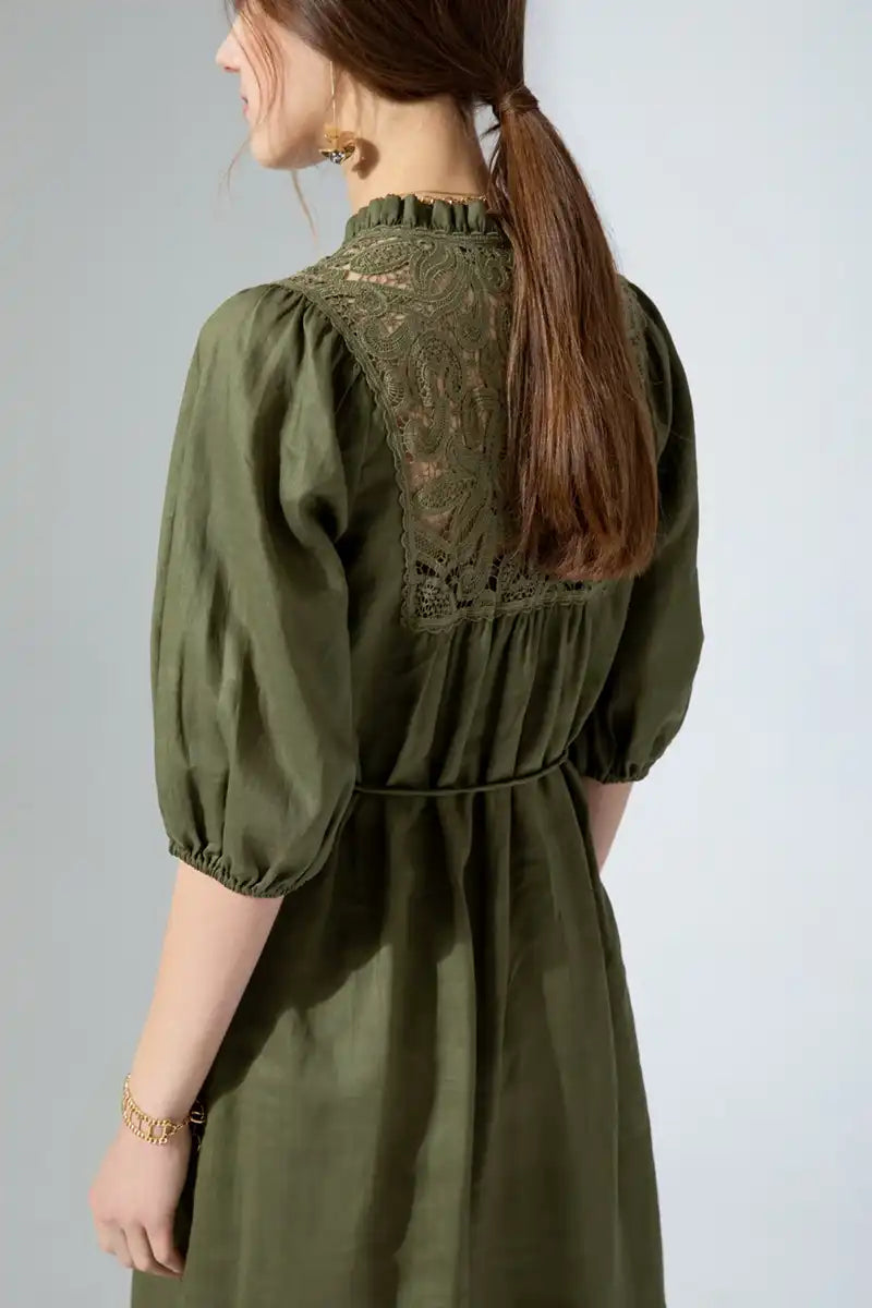 Aria Linen Lace Dress – Khaki detailed back view
