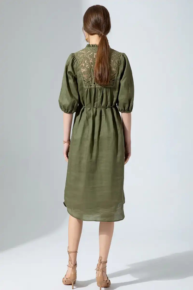Aria Linen Lace Dress – Khaki back full model view
