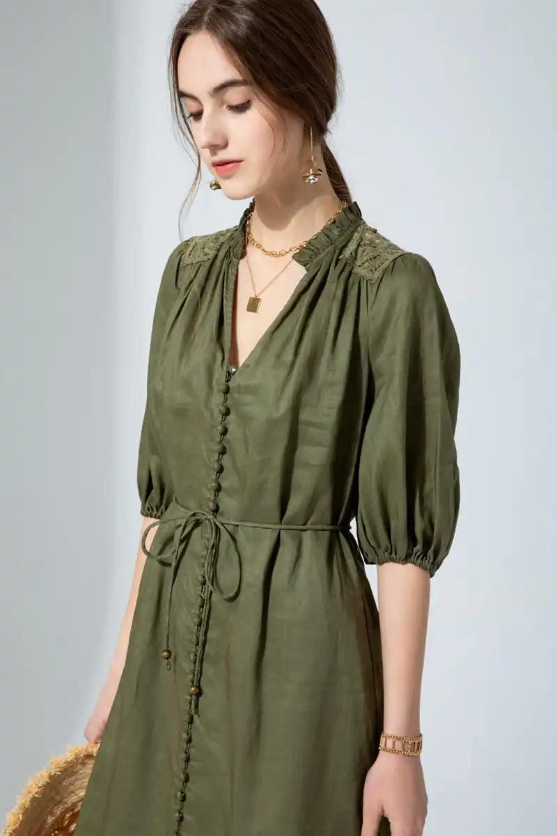 Aria Linen Lace Dress – Khaki detailed front view