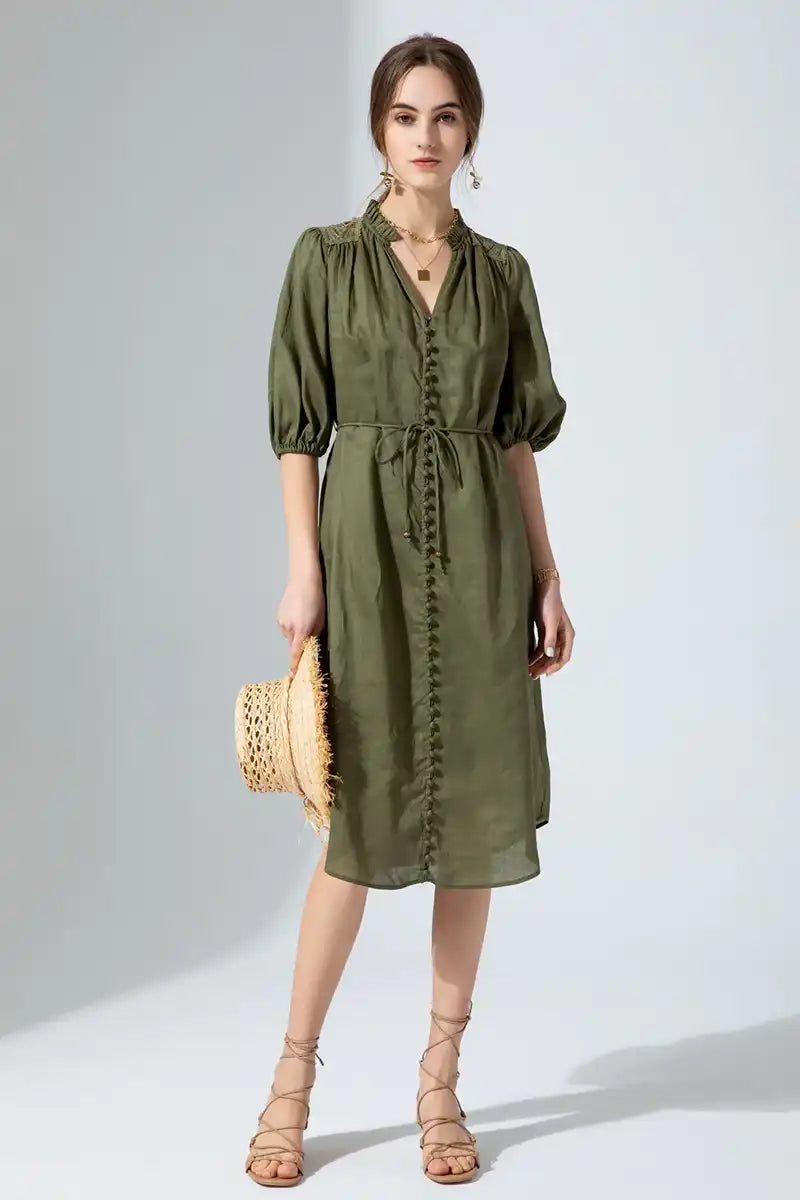Aria Linen Lace Dress – Khaki front view