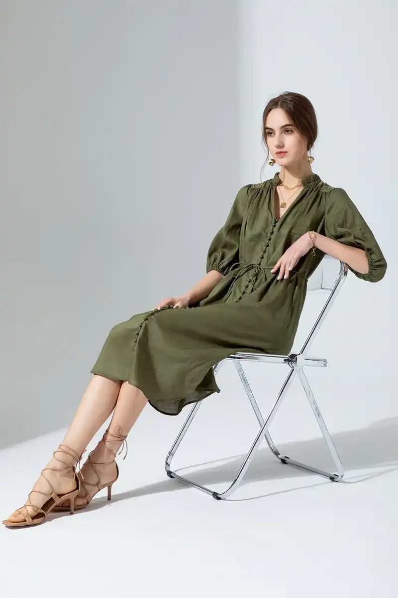 Aria Linen Lace Dress – Khaki model sitting view