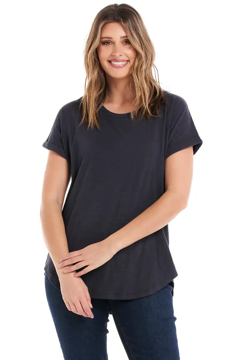 Women's Hailey Short Sleeve Tee in Petrol front view with hands in front