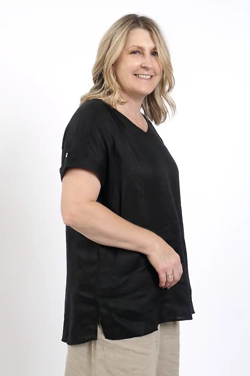 Bella Black Linen V-Neck Top side view