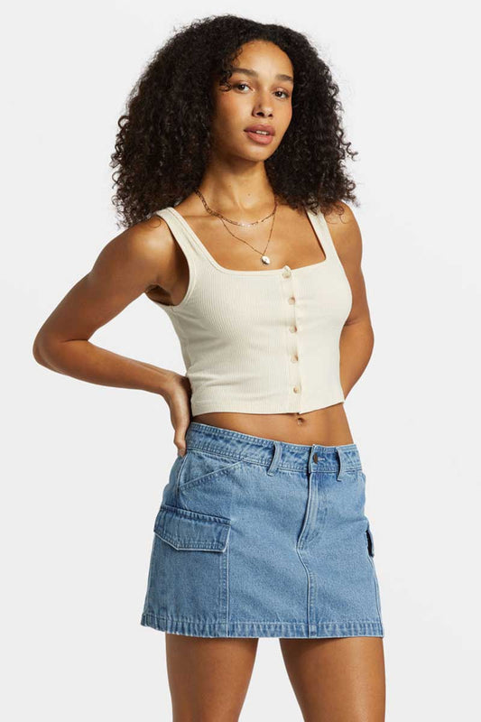 Billabong Hillary Cargo Skirt in Denim front 3/4 view