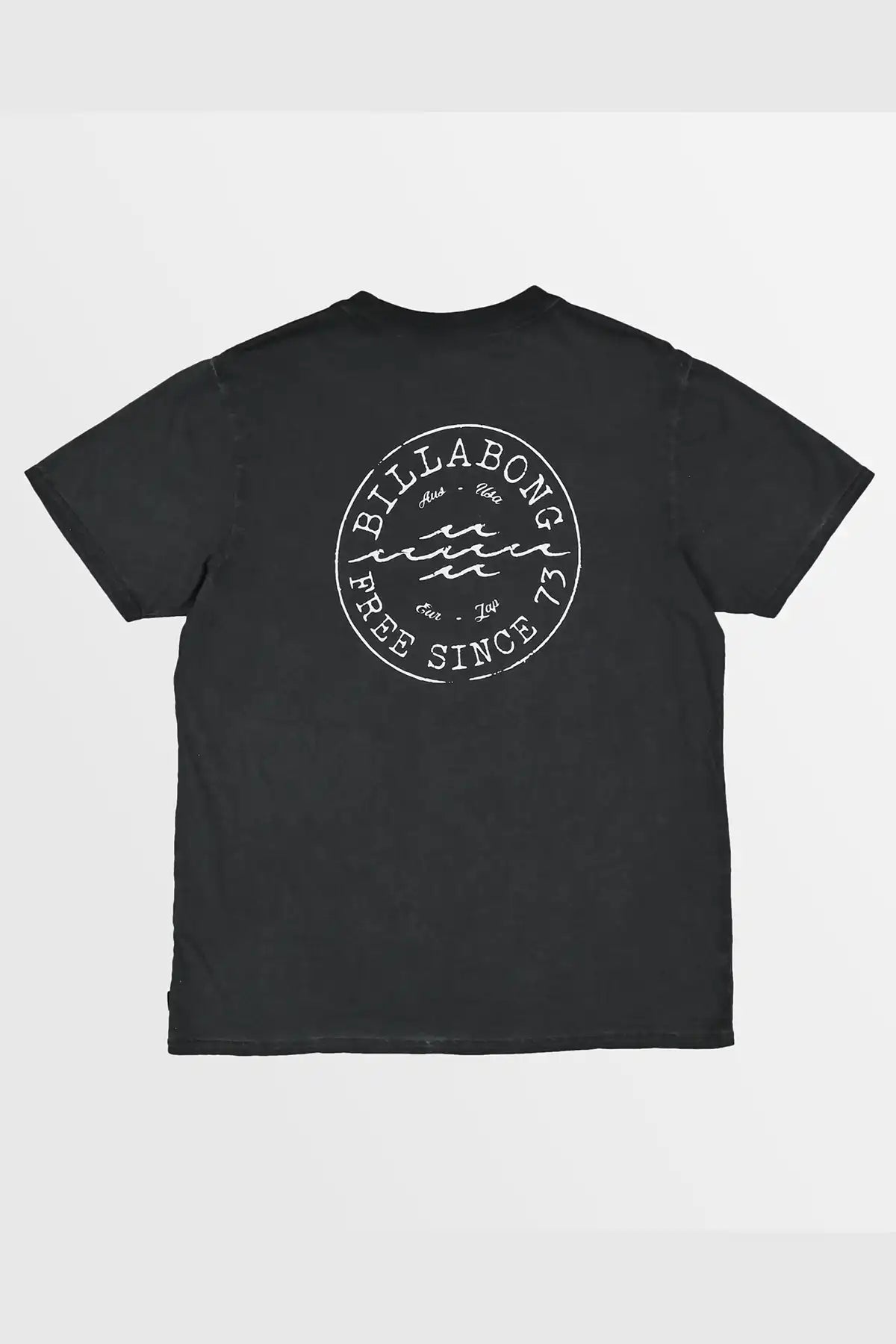 Black t-shirt with white branding on a light gray background