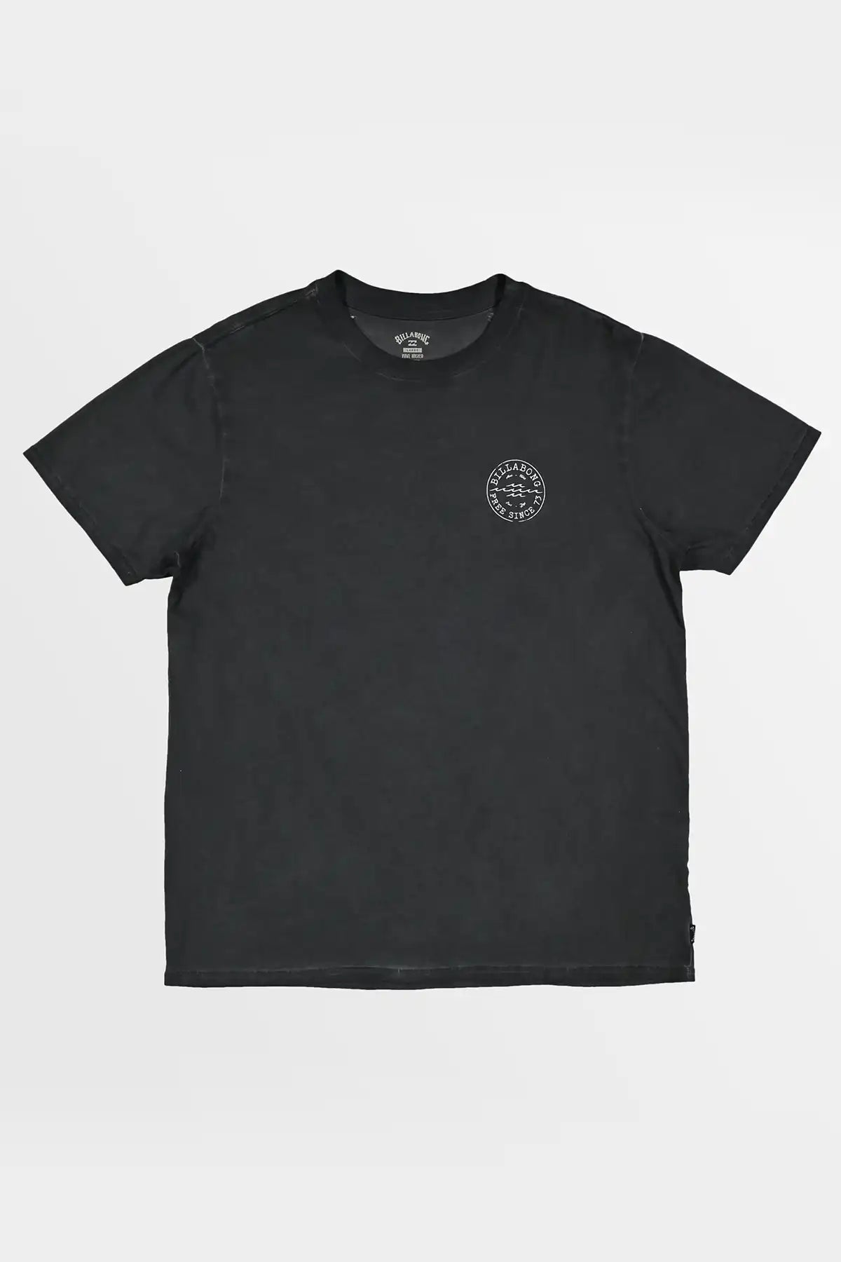 Black t-shirt with a small logo on a light gray background