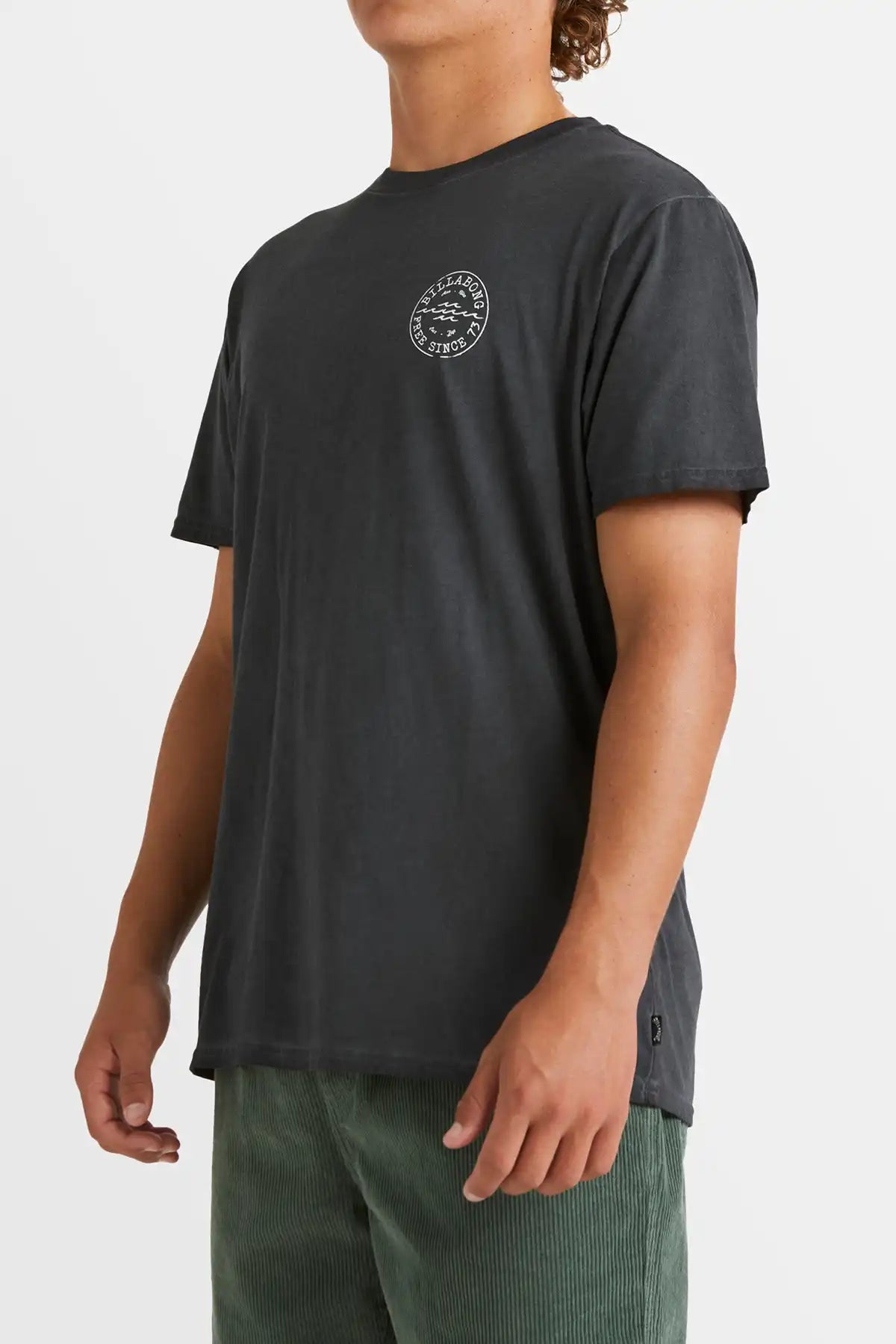 Person wearing a black t-shirt with a logo on a white background