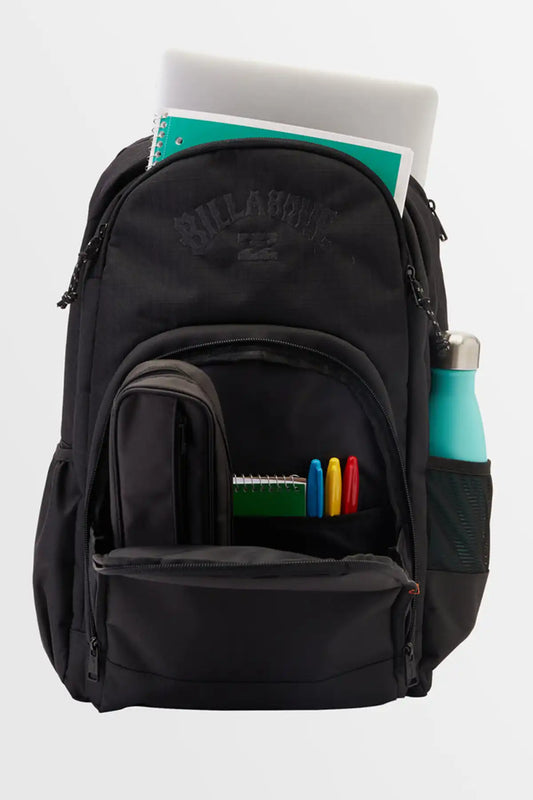 Billabong Men's Command Backpack in Black with school supplies on a white background