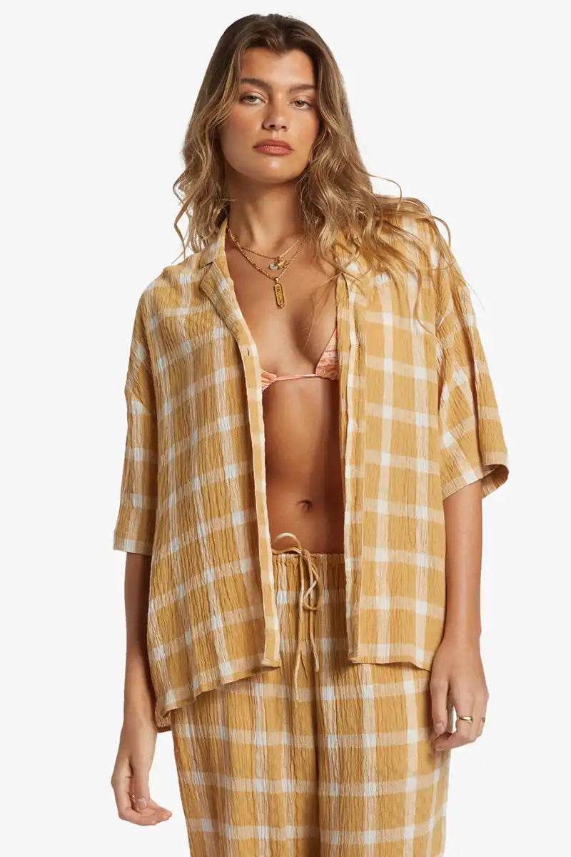 front detailed view of the Billabong Women's Beach Side Shirt in Hemp
