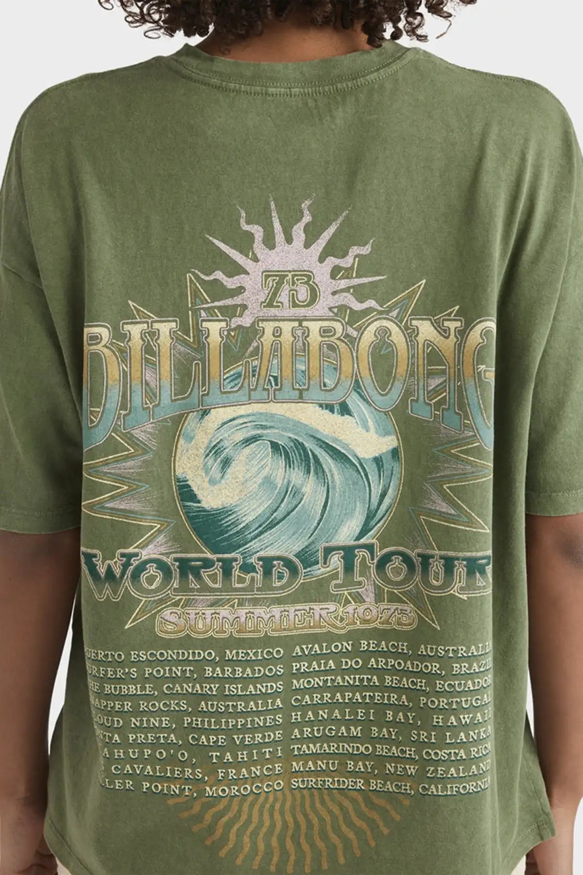 Green t-shirt with Billabong World Tour graphic on a person wearing it. - Billabong Women's Take A Tour Tee in Luv Army