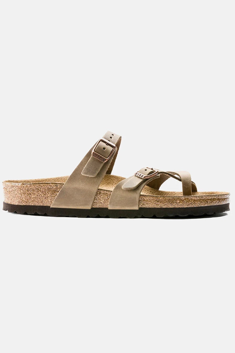 side view of the Birkenstock Women's Mayari Sandals in Oiled Leather Tobacco Brown