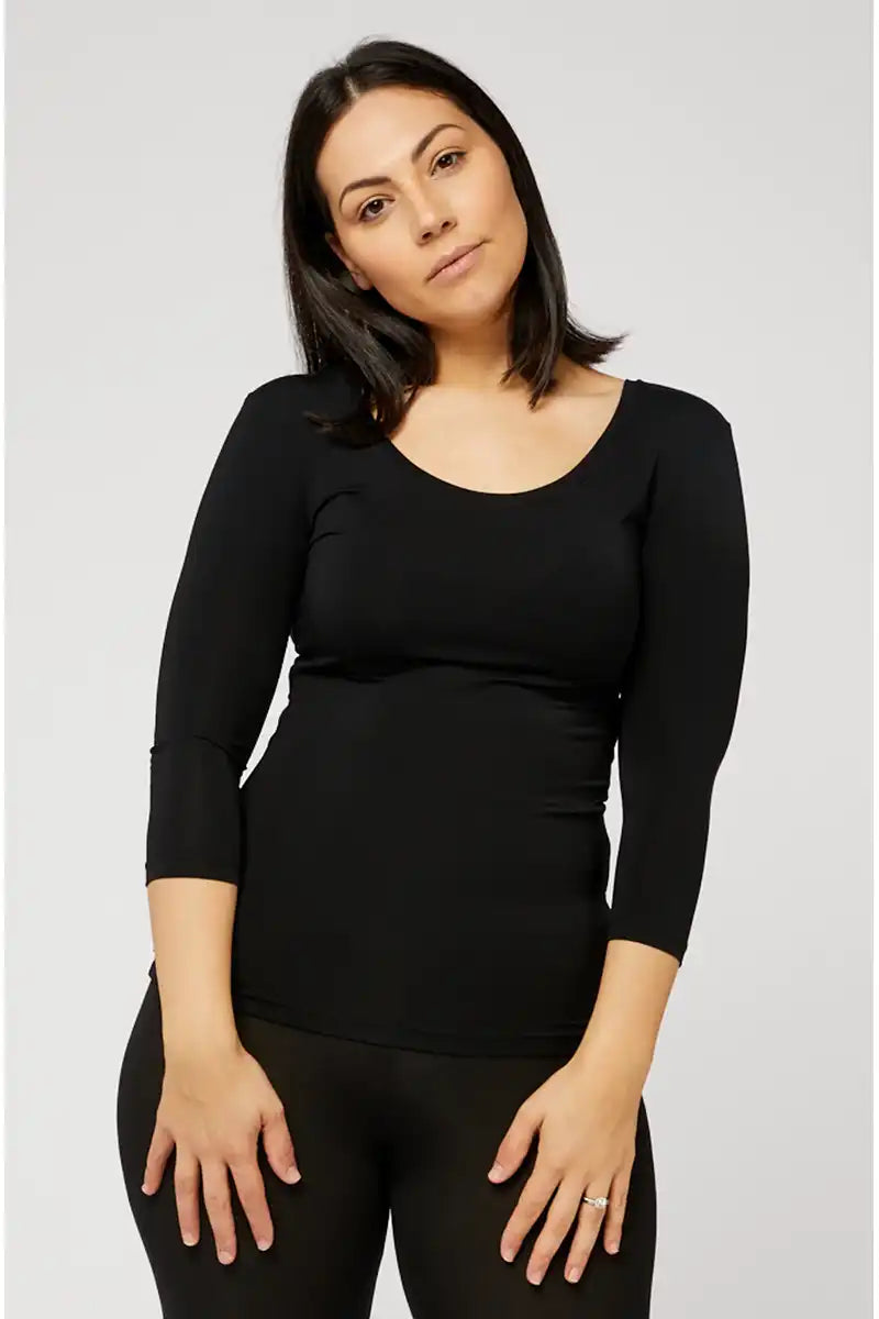 Black Micro Modal 3/4 Sleeve Scoop top front