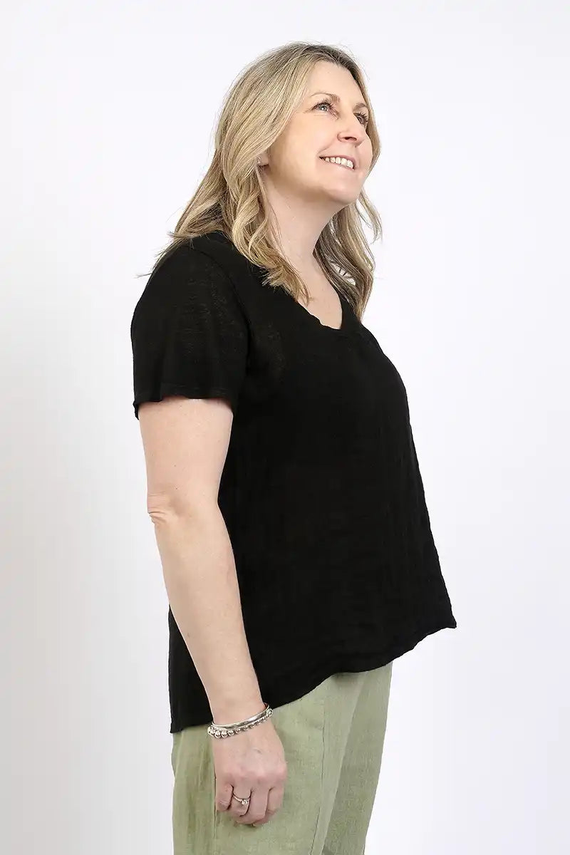 BlueBerry Italia Women's T-Shirt Linen Knit Combo in Black side view shirt un-tucked