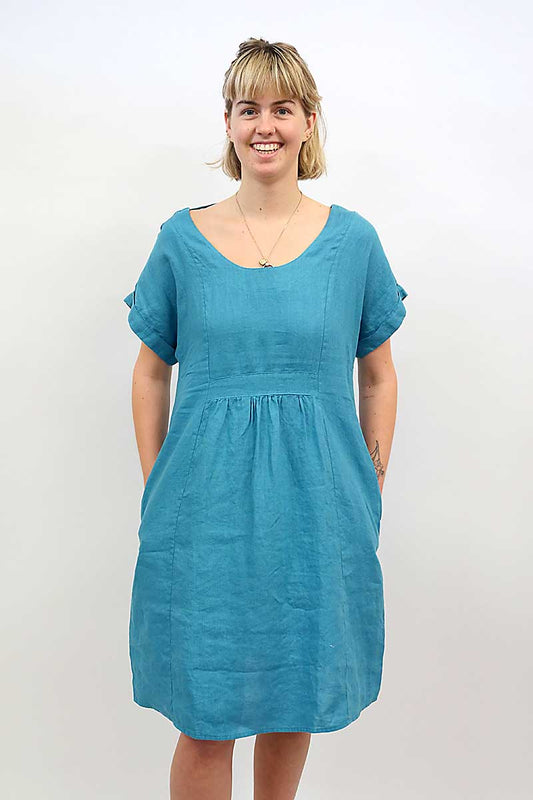 Blueberry Italia Short Linen Dress - Cut Out Back in Peacock front view