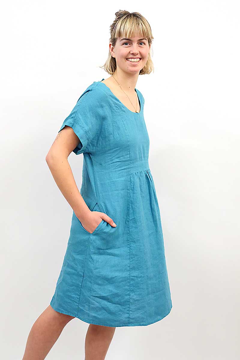 Blueberry Italia Short Linen Dress - Cut Out Back in Peacock side view