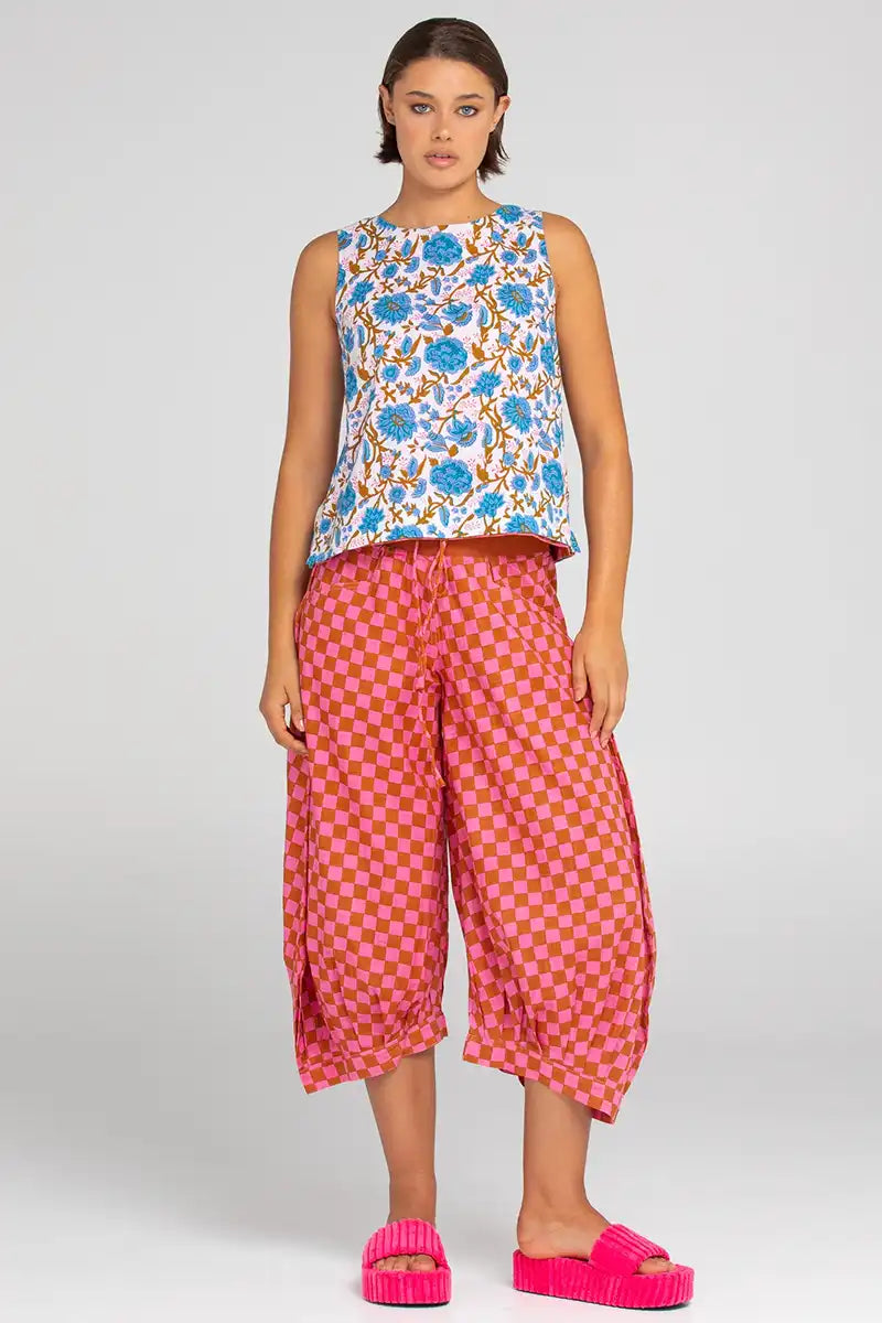 Boom Shankar Women's Guru Pant in Mimi Print front view the flower top