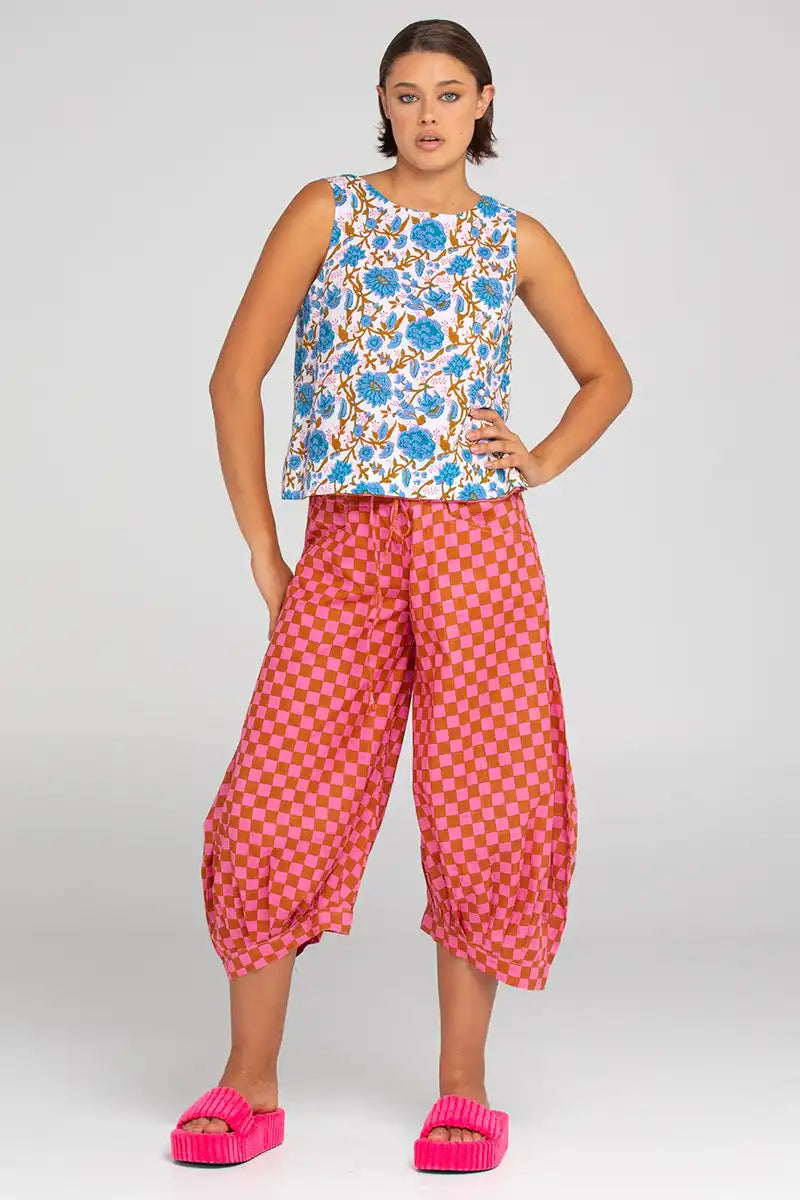 Boom Shankar Women's Guru Pant in Mimi Print front view with floral top
