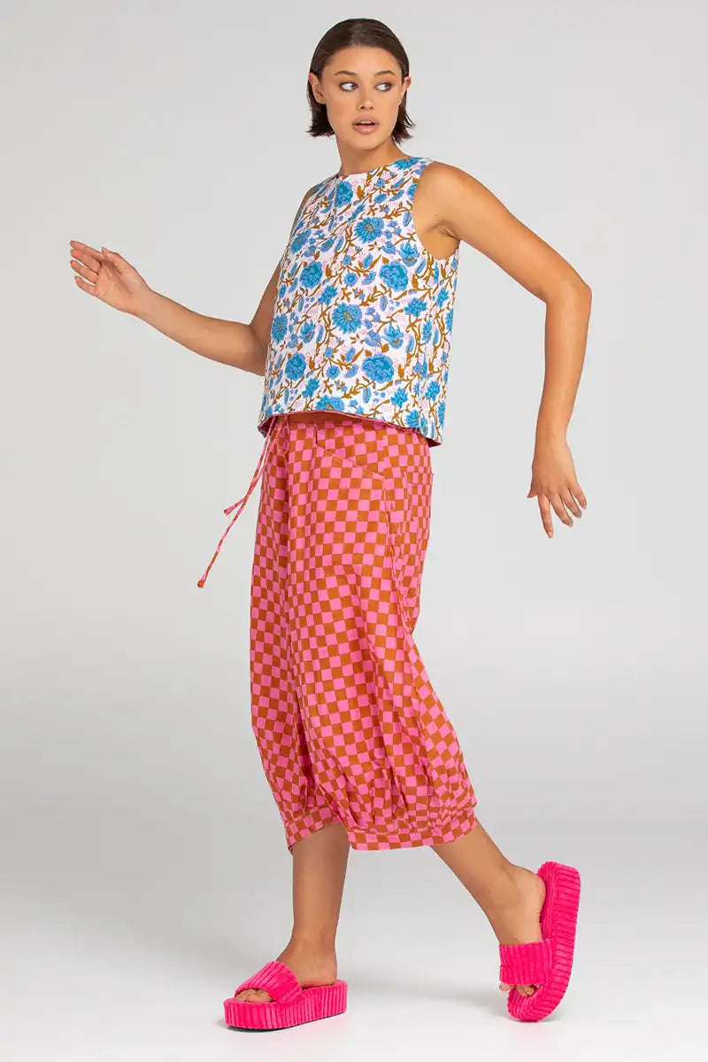 Boom Shankar Women's Guru Pant in Mimi Print side view with flower top