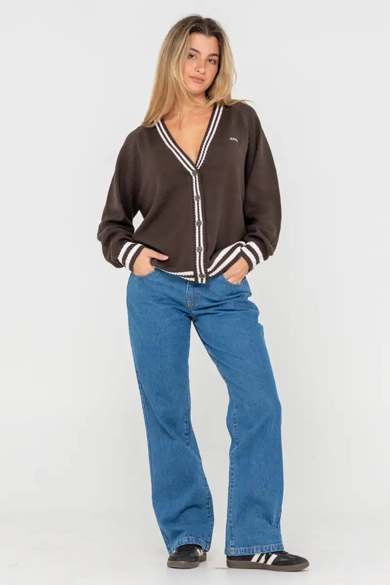 Full model front view of the Cambridge Oversized Cardigan in Java – slouchy brown cardigan with V-neckline, contrast stripes, and button-down front.