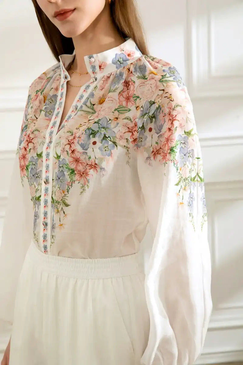 Celeste Linen Long Sleeve Blouse – Misty Blue front 3/4 view in detail