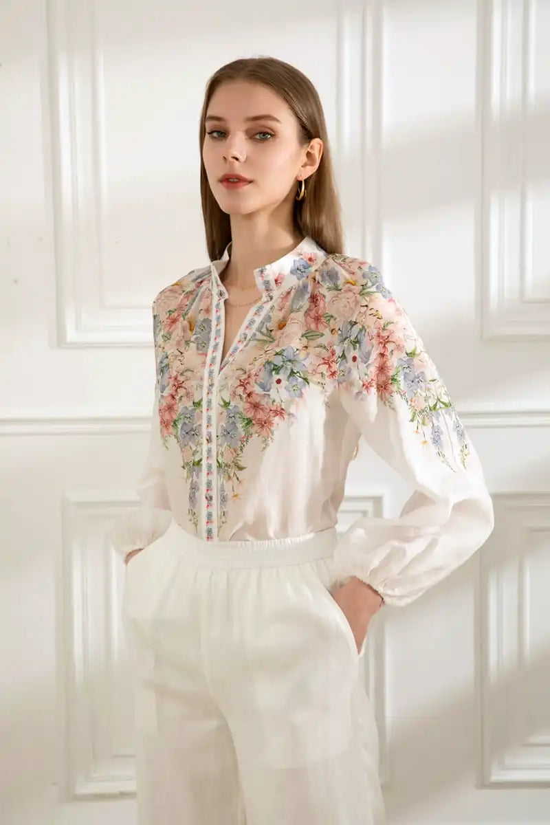 Celeste Linen Long Sleeve Blouse – Misty Blue front 3/4 view