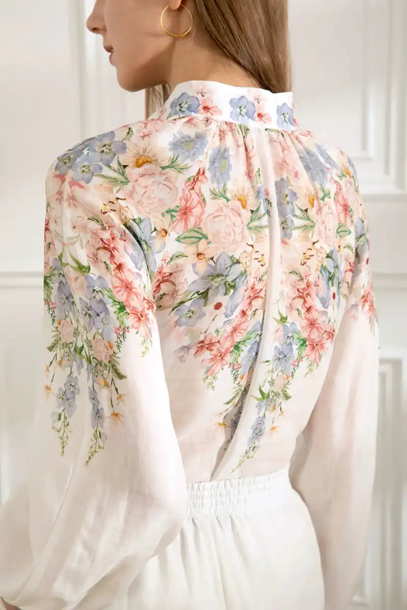 Celeste Linen Long Sleeve Blouse – Misty Blue back detailed view
