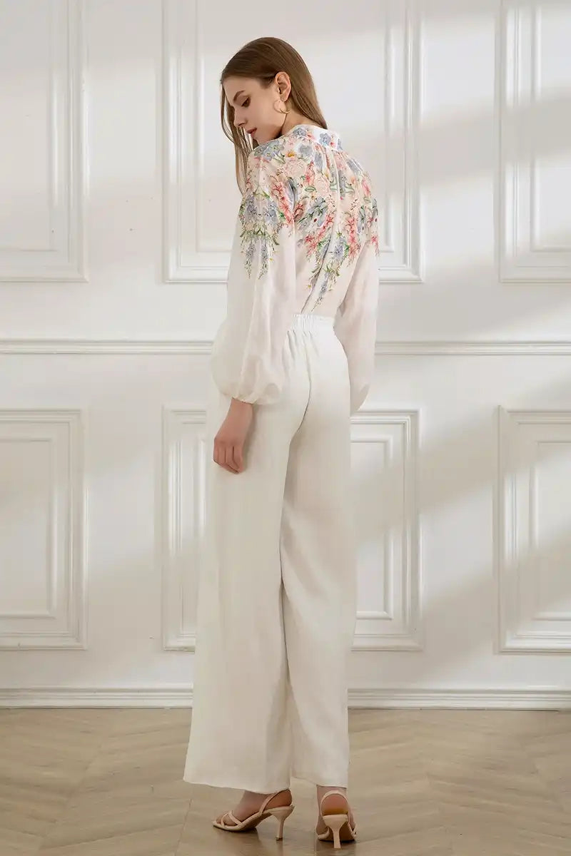 Celeste Linen Long Sleeve Blouse – Misty Blue back full model view