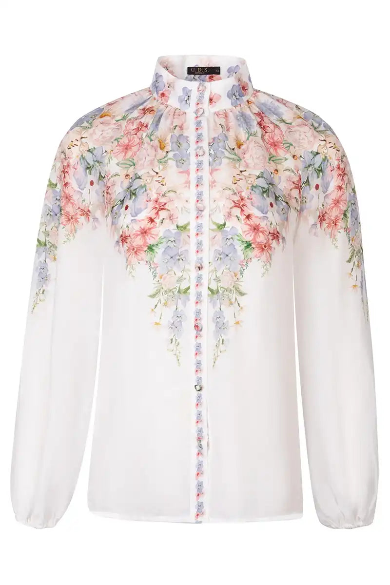 Celeste Linen Long Sleeve Blouse – Misty Blue front flat lay view