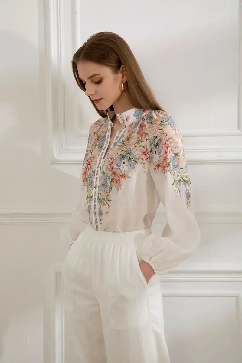 Celeste Linen Long Sleeve Blouse – Misty Blue side view