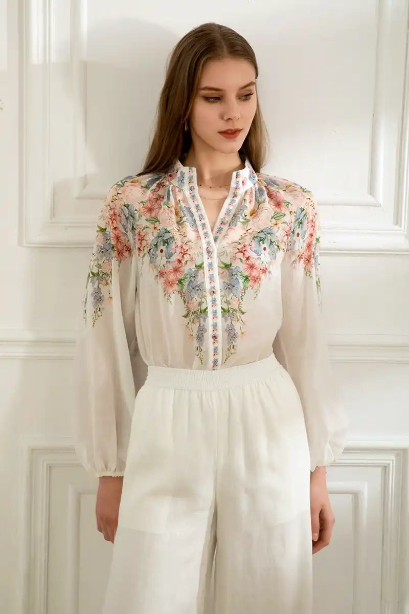 Celeste Linen Long Sleeve Blouse – Misty Blue front straight on view