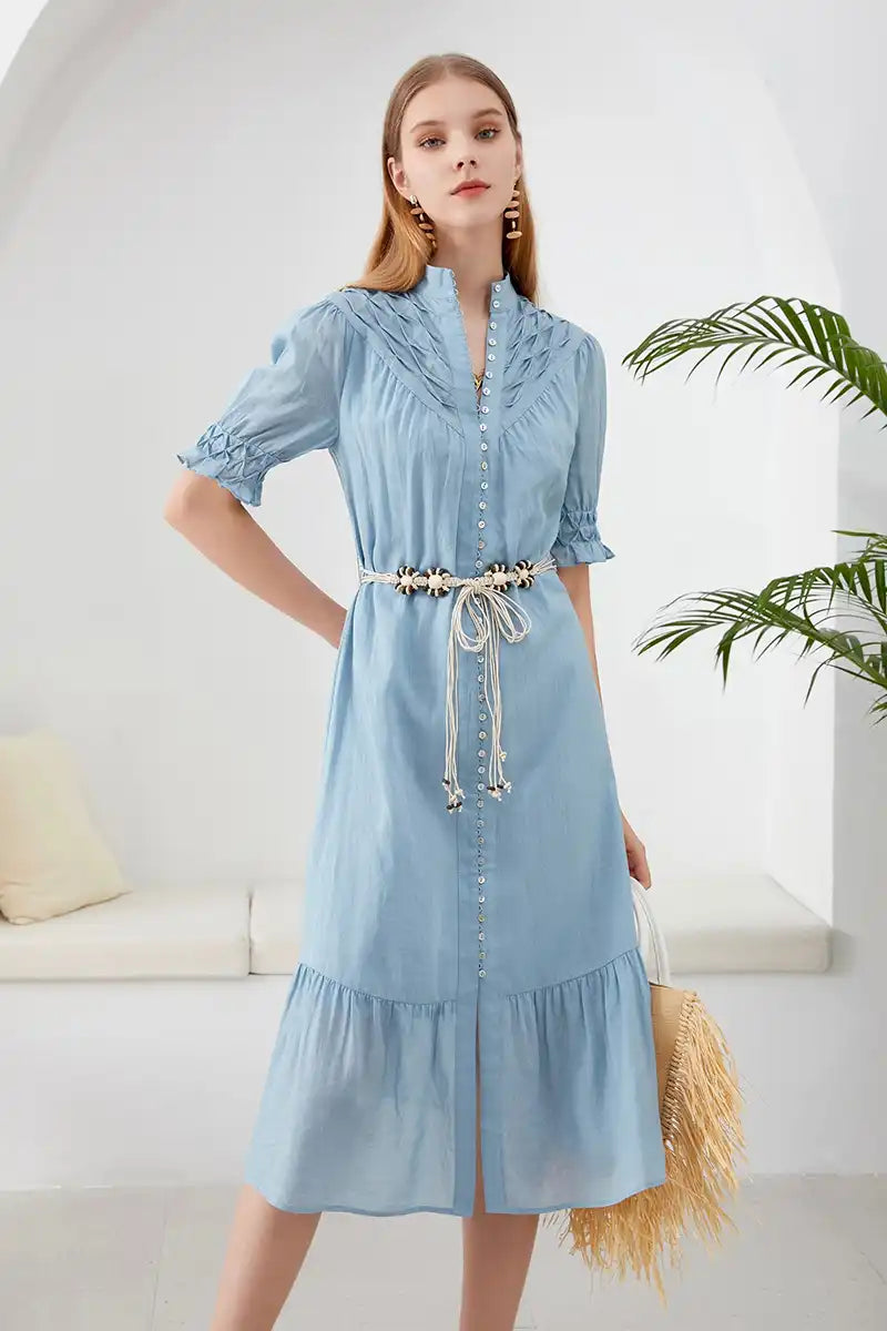 Celestial Linen Midi Dress with Shell-Tie Belt front view