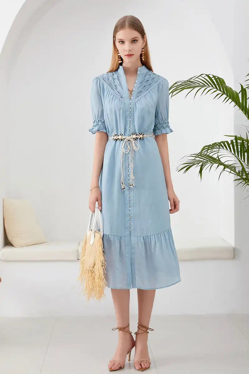 Celestial Linen Midi Dress with Shell-Tie Belt front full model view