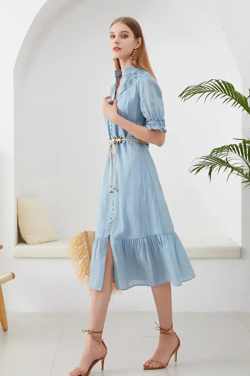 Celestial Linen Midi Dress with Shell-Tie Belt side view
