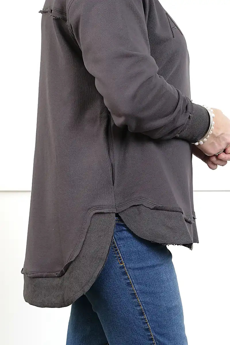 Chille Everyday Wander Pullover in Charcoal hem and pocket detail view