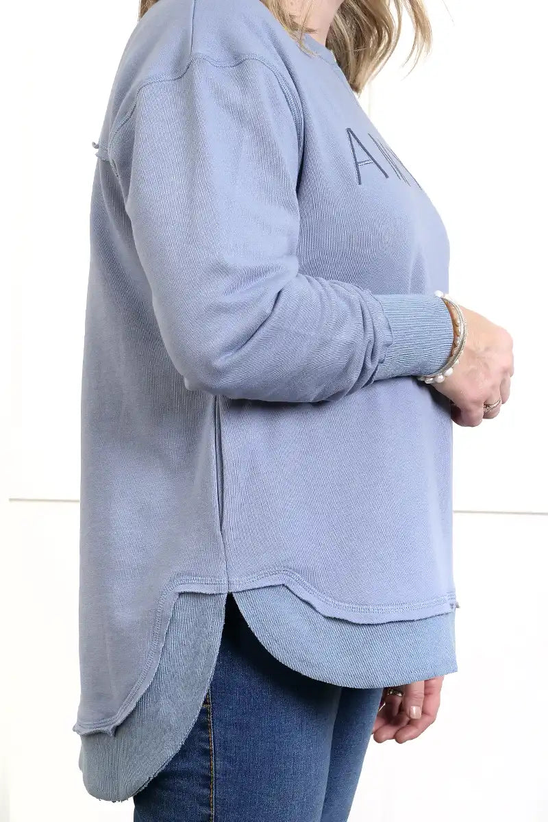 Chille Everyday Wander Pullover in Denim Blue hem detail view