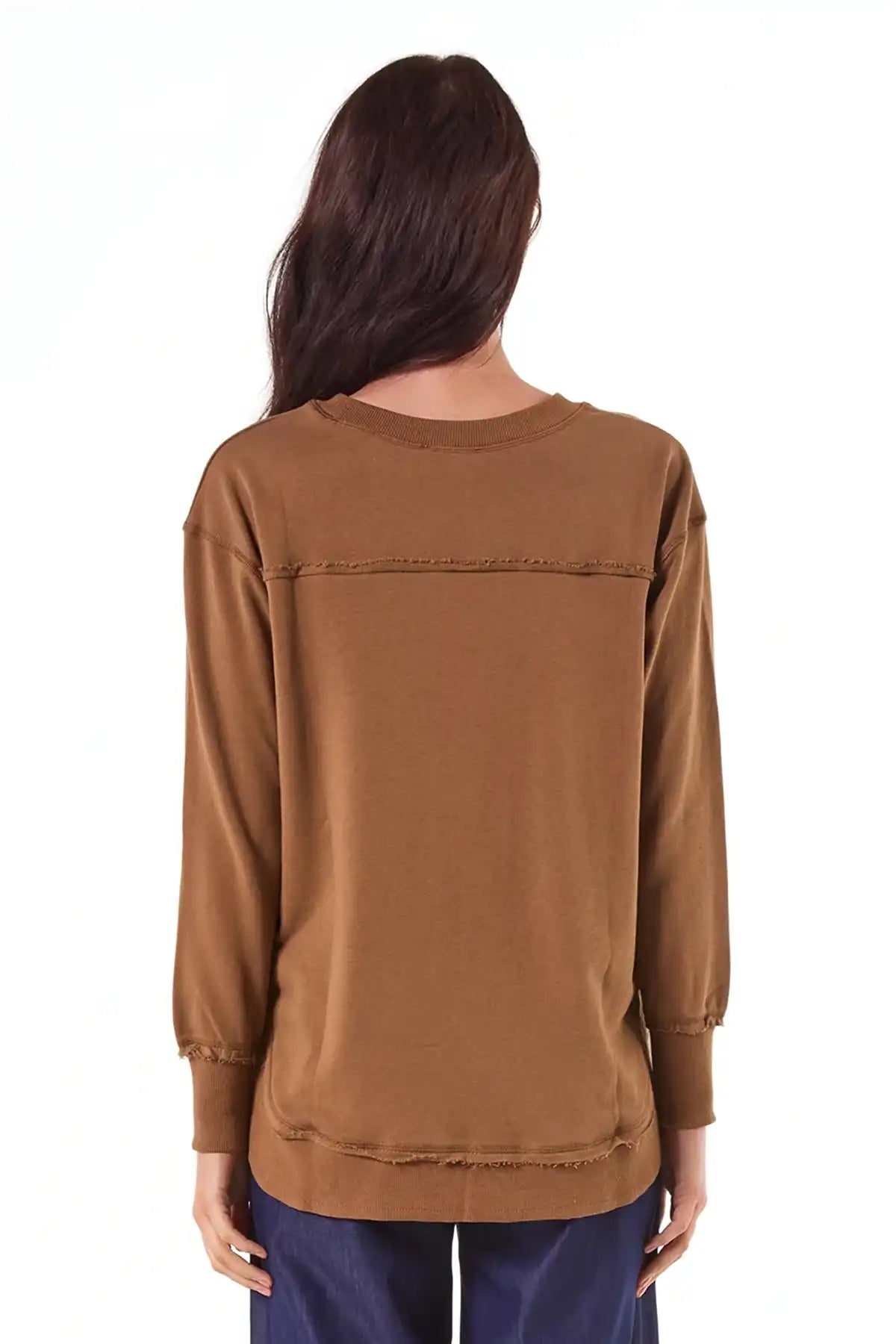 Brown long-sleeve Chille Everyday Wander Pullover in Mocha standing back on against a white background