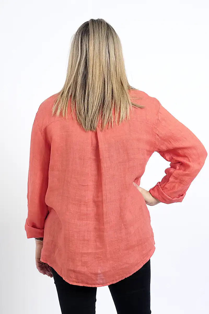Demi Womens Linen Shirt in Long Sleeve Coral back view