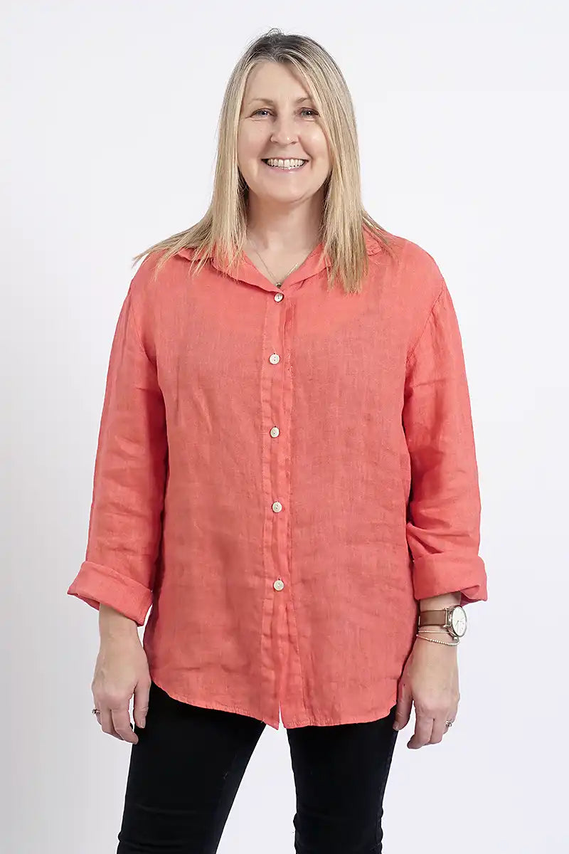 Demi Womens Linen Shirt in Long Sleeve Coral front view
