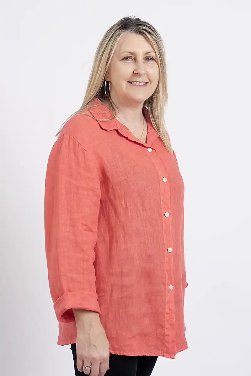 Demi Womens Linen Shirt in Long Sleeve Coral side view