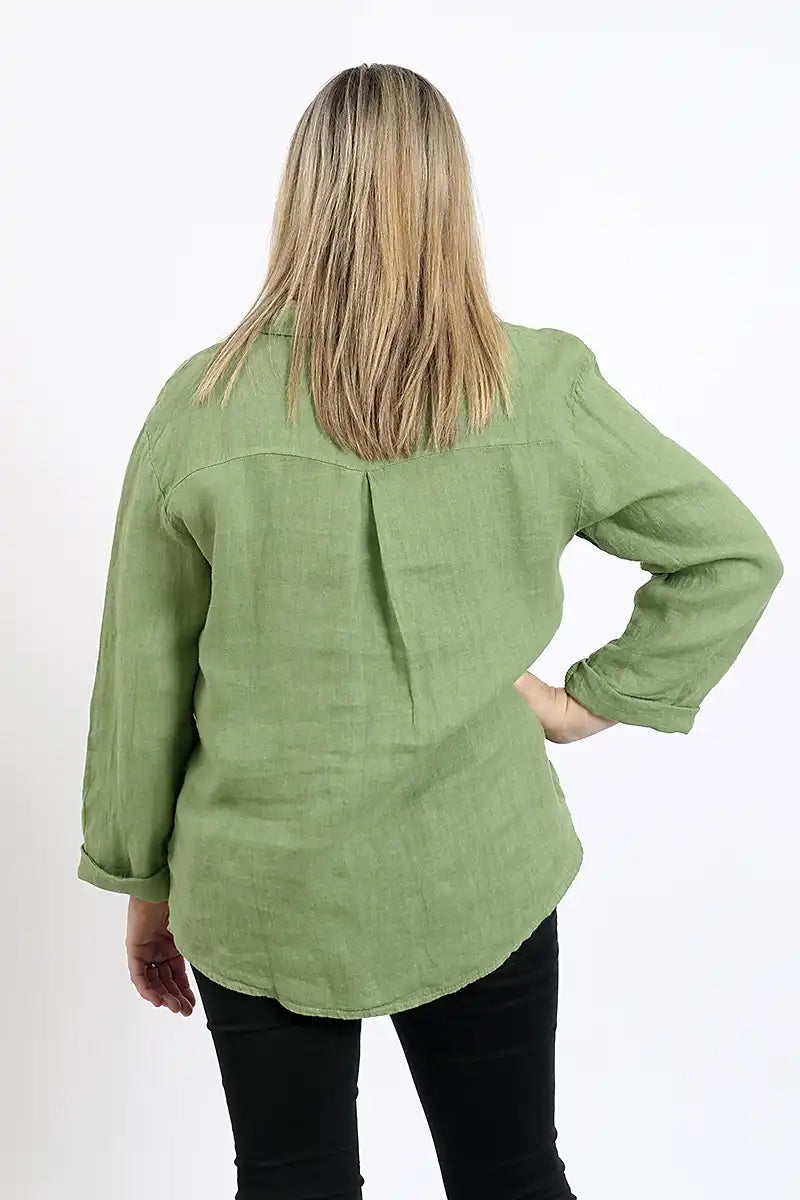 Demi Womens Linen Shirt in Long Sleeve Ivy Green back view