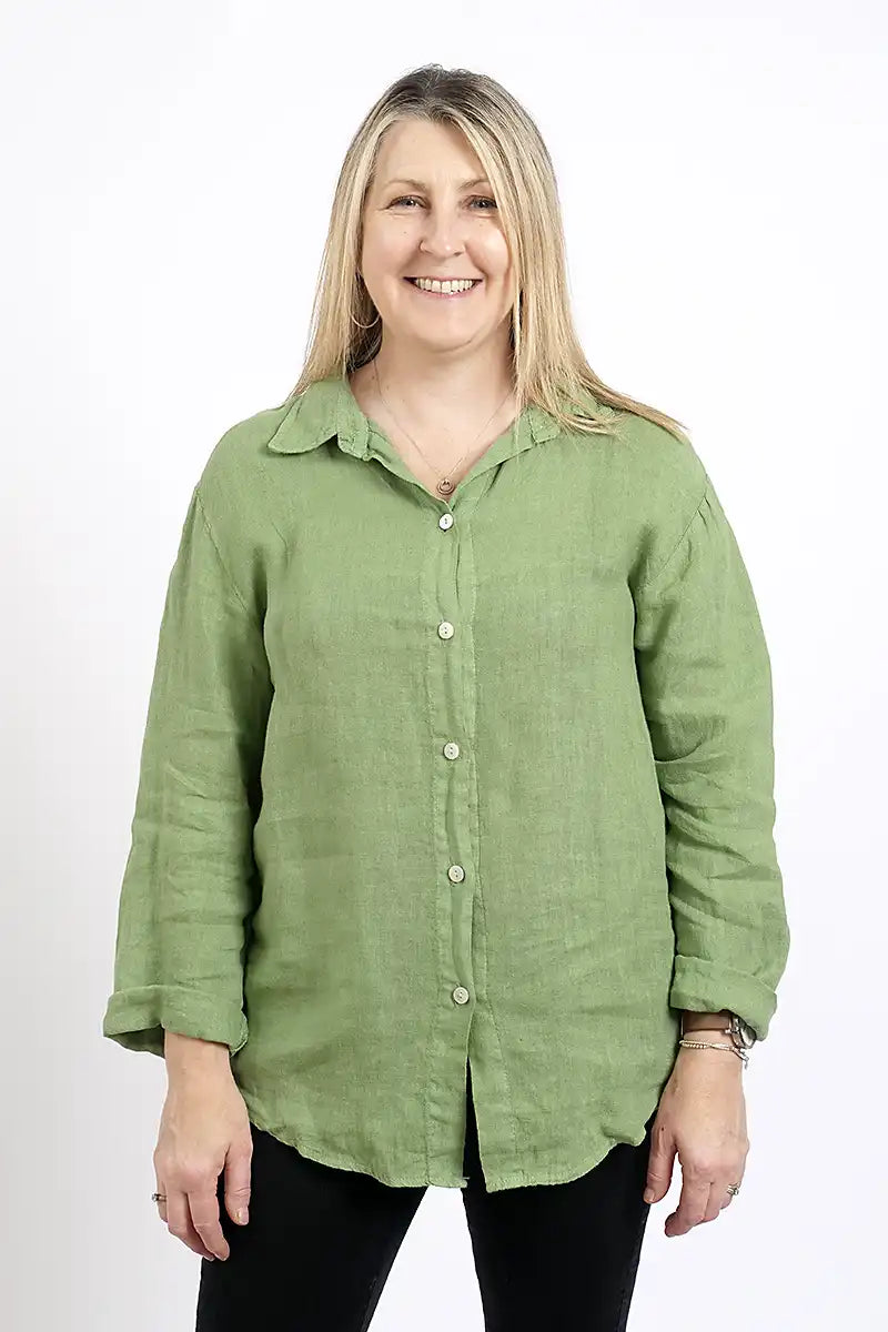 Demi Womens Linen Shirt in Long Sleeve Ivy Green front view
