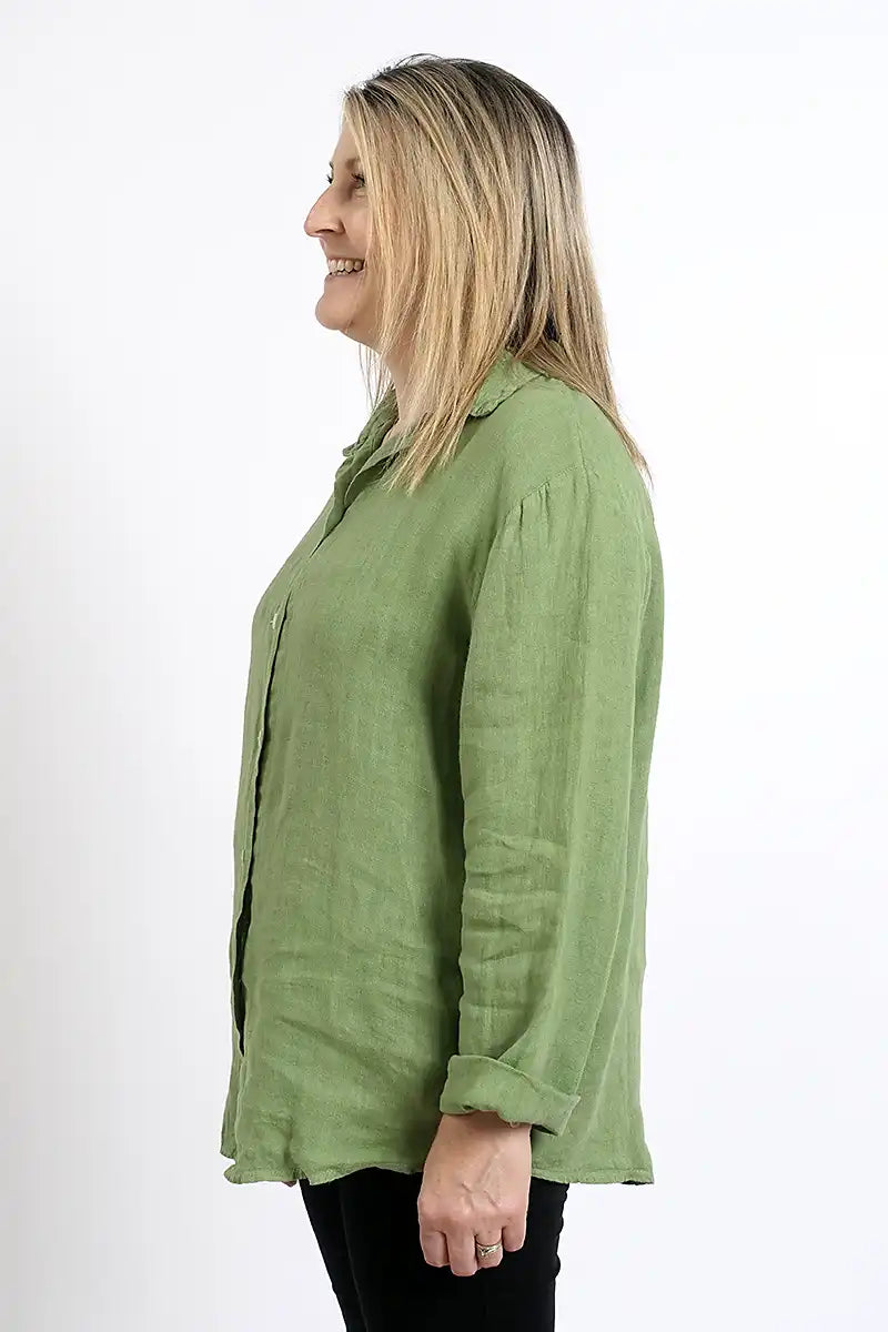 Demi Womens Linen Shirt in Long Sleeve Ivy Green side view