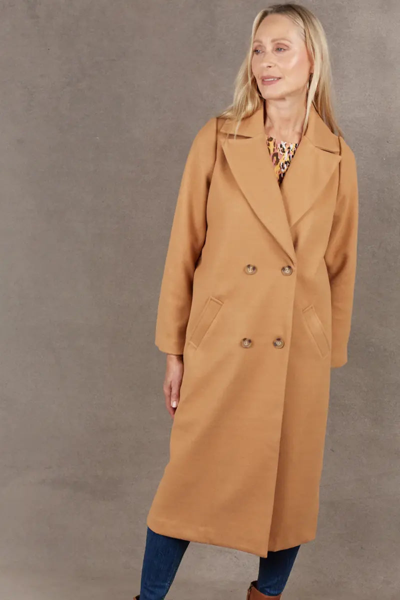 Eb & Ive Mohave Coat in Camel front with buttons done up