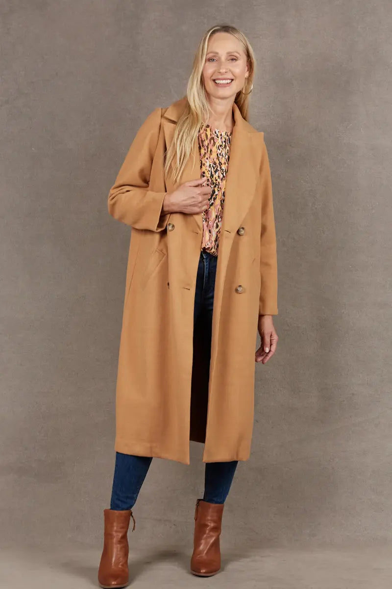 Eb & Ive Mohave Coat in Camel front un-buttoned